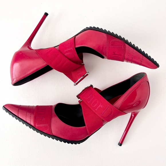 DIOR | Vintage Red Leather Pointed Cross Over Elastic Bandage Pumps EU 37.5 - Picture 11 of 16